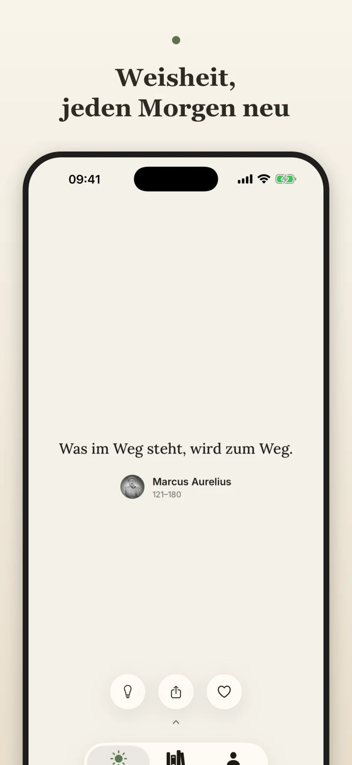 Lokalisierter App-Store-Screenshot von Adage mit dem täglichen Weisheits-Feed